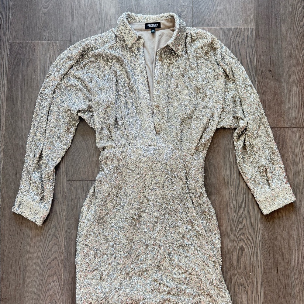 Express Silver Long Sleeve Sequin Dress